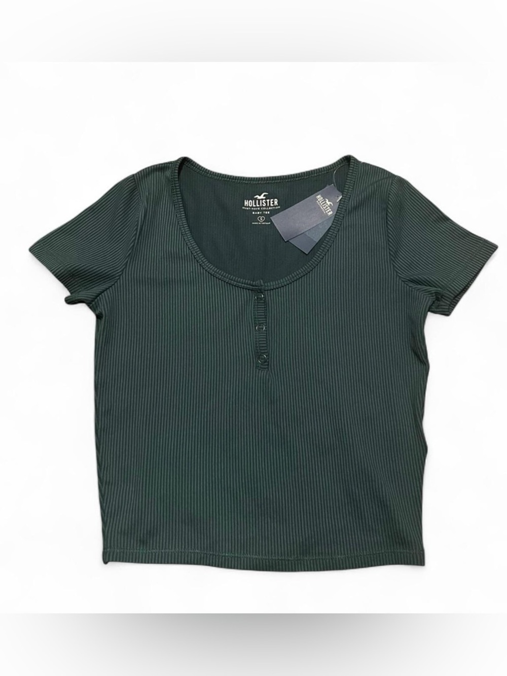 Hollister Forest Green Ribbed Henley Crop Top